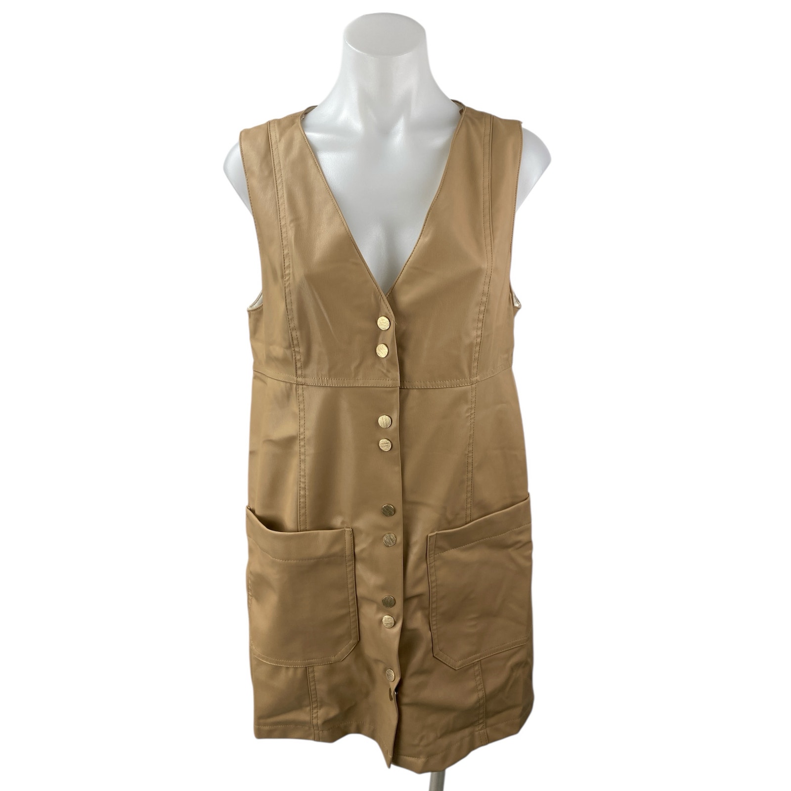 New Zara Beige Tan Faux Vegan Leather Sleeveless Button Down Mini Shift Dress M